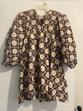 Brown Floral Tile Print Puff-Sleeve Casual Dress